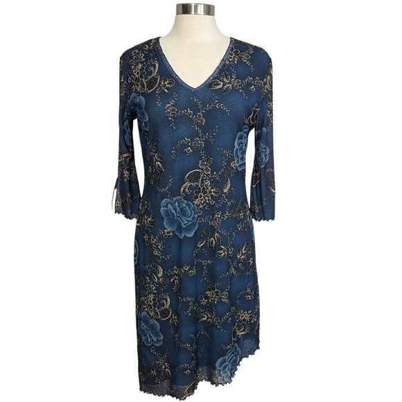 Vintage Y2K 90s Expressions MEDIUM Blue Floral Lettuce Hem V-Neck Midi Dress - Picture 2 of 11